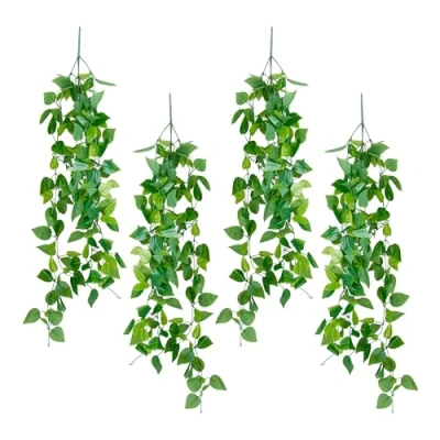 Image of Relaxdays Artificial Hanging Plant, Set of 4, Plastic Pothos, 100 cm Long, Decorative Foliage, Faux Creeper, Green, Iron