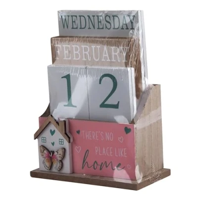 Image of Pink Wooden Perpetual Calendar Desk Top Eternal Block Butterfly
