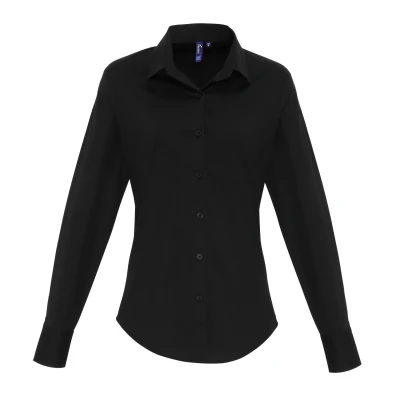 Image of Premier Womens/Ladies Stretch Fit Poplin Long Sleeve Blouse (Black) Size X Large