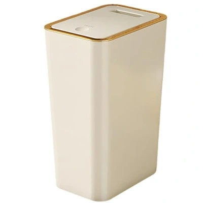 Image of Trash Can With Lid Press 10L Slim Sealed PP 5.1x7.7x13in Garbage Wide Mouth Waterproof Silent Smooth Dust Bin For Bedroom Kitchen Living Room, Cream Color