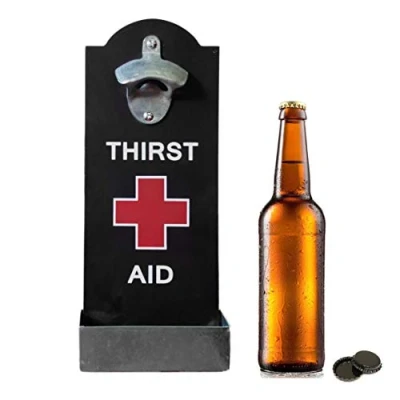 Image of Retro Black Thirst Aid Beer Bottle Opener &amp; Cap Catcher, Hangable Home Wall Decor