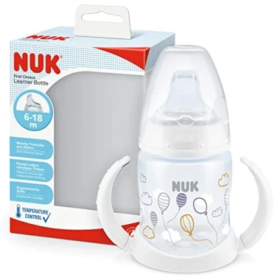 Image of NUK First Choice Sippy Cup 150 ml Easy Grab Handles &amp; Orthodontic Silicone Spout Leak Proof 6 18 Months Anti Colic Temperature Control BPA Free Balloons (White)