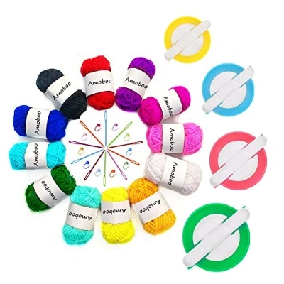 Image of PomPom Makers, 4 Sizes Fluff Ball Weaver Needle Maker Sets DIY Pompoms Craft Doll Making Kits Contain 12pcs Yarn + 10pcs Knitting Stitch Markers Plastic Needles (36)