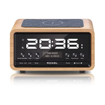 Image of Roxel Nod Bedside Radio, DAB/DAB+ &amp; FM Alarm Clock, Wireless Phone Charging, Large Digit Display, Dual Clock with Streaming (Oak)