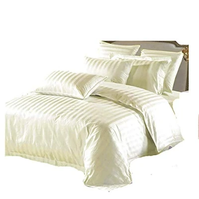 Image of AR Textile 5 Star Hotel Quality 100% Egyptian Cotton Satin Stripe Duvet Cover Set With Pillowcases in White &amp; Cream Colour (Double, Cream)