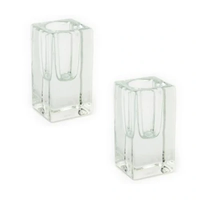 Image of Pack of 2 Clear Glass Candlestick Tapered Dinner Candle Holder Stand Square 8cm