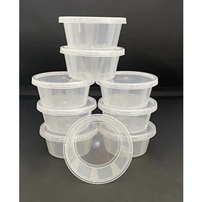 Image of Value Choice 2oz Round Plastic Food Containers Lids Deli Pot or Sauce Take Away Chutney Ketchup Restaurant Jelly Shot &amp; Dessert Cups Re Usable (100 Pack)