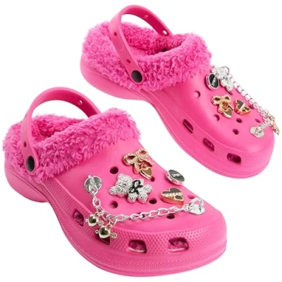 Image of CityComfort Girls Clogs with Fleece Lining and Removable Charms, Garden Shoes Gifts (Hot Pink, 12 UK)