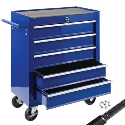 Image of Arebos Workshop trolley 5 compartments Tool Cabinet on Wheels Chest with Drawers Lockable incl. anti slip mats 2 castors parking brake (blue)