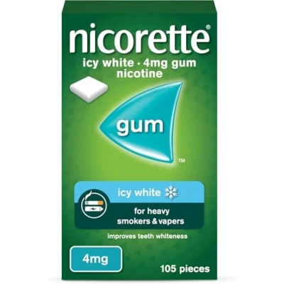 Image of Nicorette Icy White 4mg Gum (105 Pieces), Discreet and Fast Acting Nicotine With Teeth Whitening Properties, Stop Smoking Aid to Help You Quit For Good, Chewing
