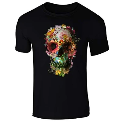 Image of Floral Skull Skeleton Flowers Mens T Shirt Black (3XL)