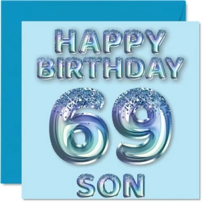 Image of 69th Birthday Card for Son Blue Glitter Party Balloons Happy Cards 69 Year Old from Mum Dad Parents, 145mm x Bday Greeting Gift