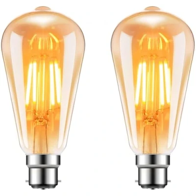 Image of Hxlilebu 2 Pack ST64 Vintage LED Edison Bulbs,Retro Amber Glow, B22 Bayonet, Energy Saving 4W (Equivalent to 40W), 2700K Warm White, Filament Light Bulbs