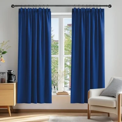 Image of Deconovo Solid Pencil Pleat Curtains Thermal Insulated Tape Top Blackout for Bedroom 46 x 72 Blue Two Panels