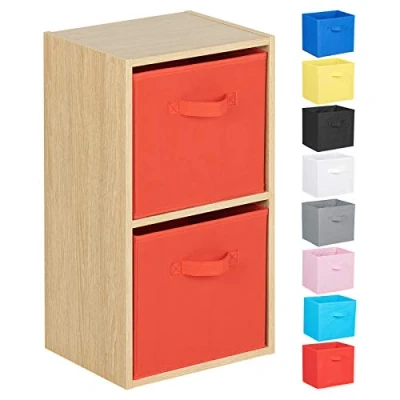 Image of Hartleys 2 Tier Oak Cube Unit Red Storage Boxes