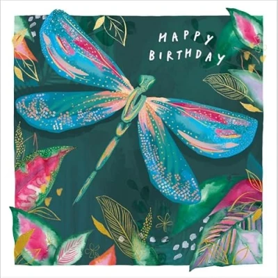 Image of Woodmansterne General Female Birthday Card for Women/Girls Dragonfly &amp; Botanical Illustration with Gold Foil Eco Friendly Recyclable