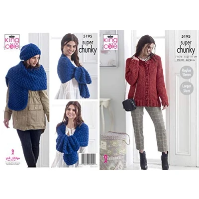 Image of King Cole 5195 Knitting Pattern Womens Cardigan Scarf Wrap Hat in Big Value Super Chunky Stormy