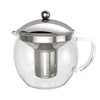 Image of bonVIVO Glass Teapot with Infuser 50 oz, Heat Resistant Loose Leaf Tea Maker Removable Stainless Steel Strainer and Silver Lid