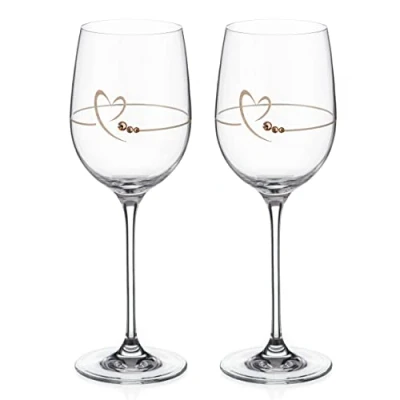 Image of DIAMANTE Swarovski Wine Glasses Pair ‘Heart of Gold’ Embellished with Crystals Set 2