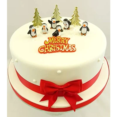 Image of Christmas Cake Topper Ornaments 6 Fun Penguins Gold Trees Motto &amp; Red Ribbon Bow Set