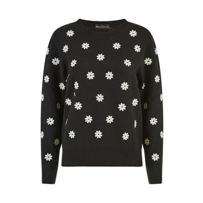 Image of Yumi Black All Over Embroidered Daisy Knitted Jumper M