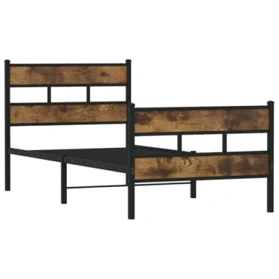 Image of vidaXL Single Metal Bed Frame 90x190 cm Smoked Oak/Black Iron w/Headboard &amp; Footboard Under Storage Industrial Style