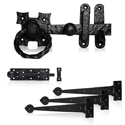 Image of XFORT Smithy&#039;s Range Rope Ring Gate Latch Pack, Black Antique Finish Latch, Hinges And Straight Bolt. Corrosion Resistan, Ideal For External Use As A Garden Shed &amp; Barn Door Lock