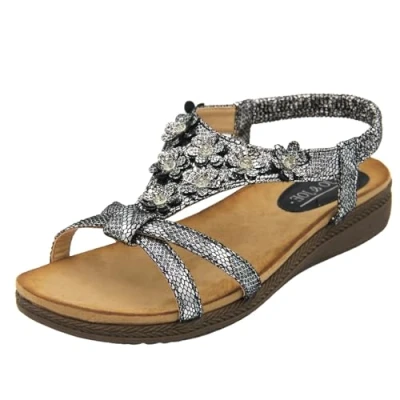 Image of Jo &amp; Joe Womens Low Wedge Sandals Diamante Floral Holiday Ladies Adjustable Black 3