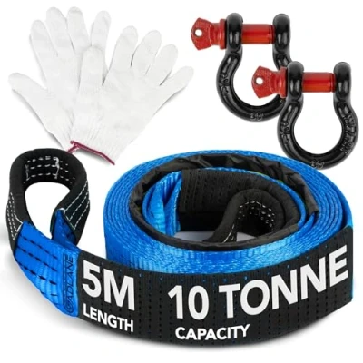 Image of GADLANE Hi Vis Tow Rope 5m x 5cm Thick, 10 Tonne Capacity (22,000Lbs) Wear Resistant Polyester with Reinforced Ends, UV Coated Strap, Heavy Duty D Ring Shackles, Storage Bag &amp; Gloves BLUE
