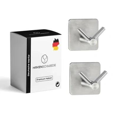 Image of HAKENSCHMIEDE Towel Rail No Drilling Set of 2 Self Adhesive Hooks, Bathroom Stainless Steel, Stylish Wall Hooks as Extra Strong (Silver)