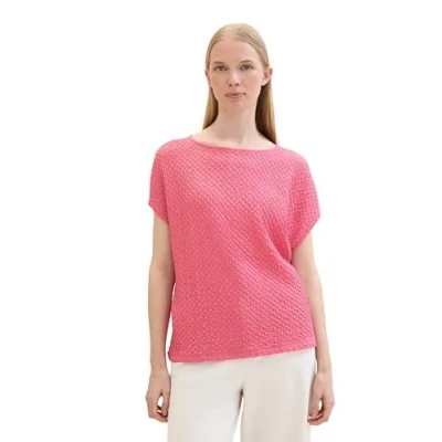 Image of TOM TAILOR Women&#039;s 1041550 Basic T Shirt with Ribbed Details, 15799 Carmine Pink, M
