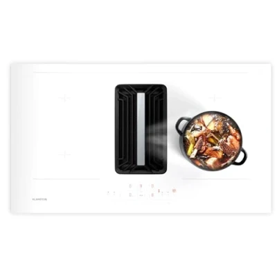 Image of Klarstein AirJet 90 Induction Hob with Extractor A++ Energy Efficiency, 750 m3/h Exhaust, Flex Zones, Touch Control, Child Lock, Stainless Steel &amp; Glass, White