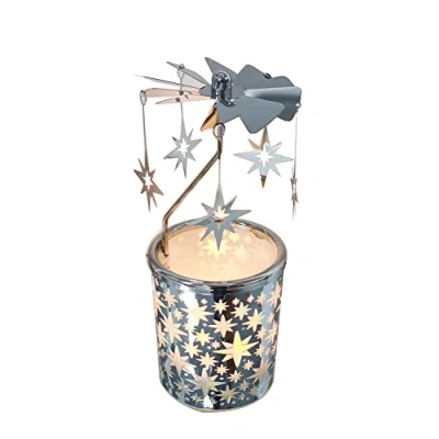 Image of kingnero Carousel Candle Rotary Holder Spinning Windmill Tea Light Metal Candlestick for Home Decorate (Star Silver)