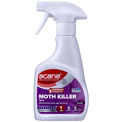 Image of Acana Moth Killer &amp; Freshener, Lavender, 275ml Spray Formula, Kills Moths, Eggs Larvae Licensed Insecticide Non staining for Carpets, Curtains Cushions