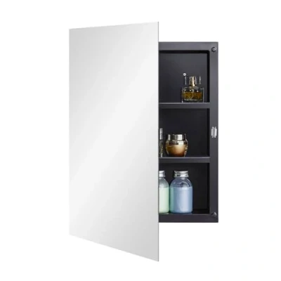 Image of Fundin Black Plastic Mirror Cabinet with Polished Edge Door, Recessed and Surface Mount, 40 x 56 cm