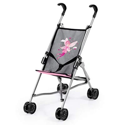 Image of Bayer Design 30566AA Buggy Dolls, Pushchair, Umbrella Stroller, with Integrated Belt, Foldable, Grey, Pink Fairy