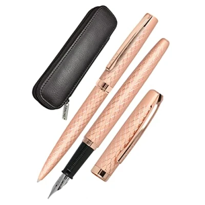 Image of Online Set Eleganza Fountain Pen &amp; Ballpen Diamond I Rosegold Nib Size M Metal Clip Retractable Biro for Standard Ink Cartridges Or Converter In Gift Box