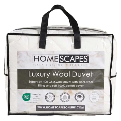 Image of HOMESCAPES Premium Wool Duvet Super King, Heavyweight, Winter/Autumn, 100% Cotton Cover, Hypoallergenic, Eco Friendly, Washable 10.5 to 13.5 Tog (approx)