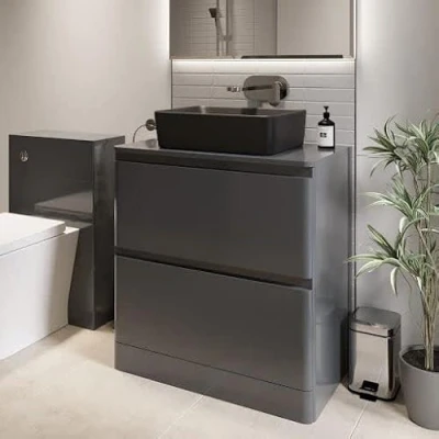 Image of Affine® 800mm Vanity Unit Bathroom Floor Standing Storage Cabinet Cupboard Cloakroom, Soft Close Drawers, Croix Black Countertop Basin Sink, Grey Gloss