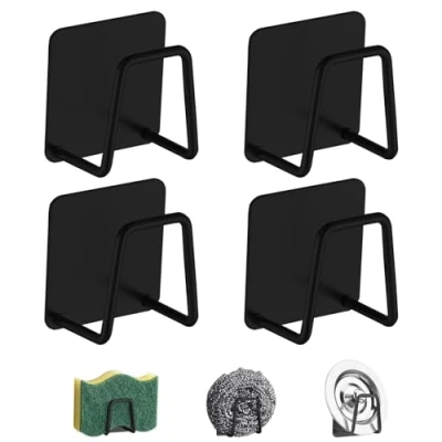 Image of Realand 4Pcs Sponge Holder for Kitchen Sink, SUS304 Stainless Steel Dish Strong Adhesive Sink Holder, Rustproof &amp; Waterproof Caddy, Black