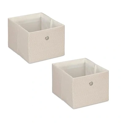 Image of Relaxdays 2x Storage Boxes, Rectangular Fabric Basket, Container without Lid, Shelf Organiser, 16 x 20.5 25 cm, Beige, Linen