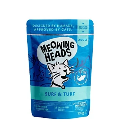 Image of Meowing Heads Wet Cat Food Surf &amp; Turf 93% Natural Fish, Chicken Beef Pouches with No Artificial Flavours, Grain Free Recipe (10 x 100 g)