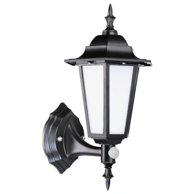 Image of Bright Source Outdoor 7w Integrated LED 6 Sided Cage Lantern, Traditional Style, PIR Motion Sensor, IP44, 550lm, Black, 4000K Cool White