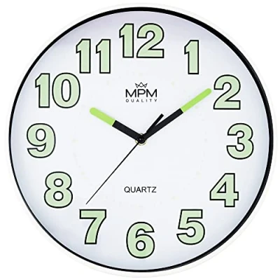 Image of MPM Quality Lumini Wall Clock with Luminescence, Quartz Movement Sweep, White/Black, Decoration Diameter 300 x 40 mm, Round Design Modern for Living Room, Kitchen, Office,