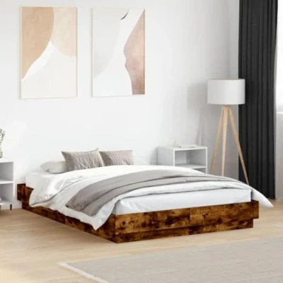 Image of vidaXL Bed Frame Smoked Oak 135x190 cm Double Engineered Wood with Sturdy Plywood Slats for Bedroom Comfort