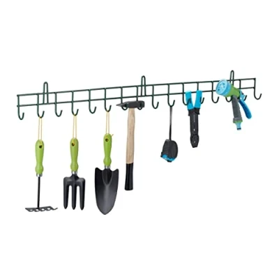 Image of Relaxdays Appliance Holder, Garden Tools, Garage, Wall Mounted, 16 Hooks, Basement, HxWxD: 12x100x5 cm, Load 80kg, Green