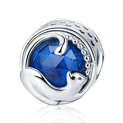 Image of 925 Sterling Silver Conch Charm Bat Cat Peacock Animal Ocean for Pandora Bracelet (Cat)