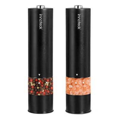 Image of Innoteck Essentials Electric Salt and Pepper Mill Set Battery Operated Black with Light One Touch Operation &amp; Mills Adjustable Coarseness Ceramic Grinder