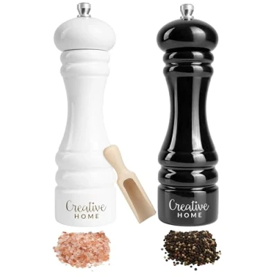 Image of Creative Home Medium Wooden Salt &amp; Pepper Grinder Set 18 cm Height Black White Mill with Mini Scoop Natural Beech Wood Pefect for Coffee Beans and Spice Manual Mechanism