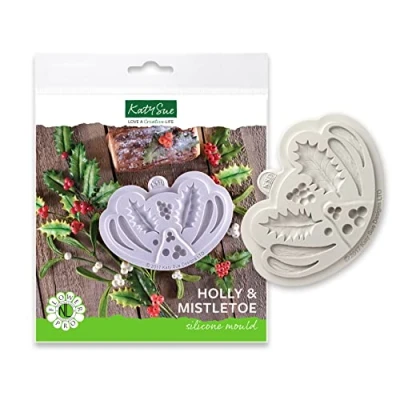 Image of Flower Pro Holly &amp; Mistletoe Silicone Mould for Christmas Cake Decorating Crafts by Katy Sue Makes 2 Sizes of Leaf, Berry Cluster, 4 Leaves Berries Cluster